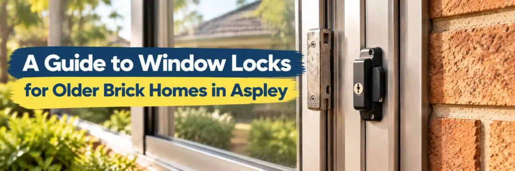 Original aged aluminium sash keep beside modern keyed secondary window lock on sliding window of older brick home in Aspley