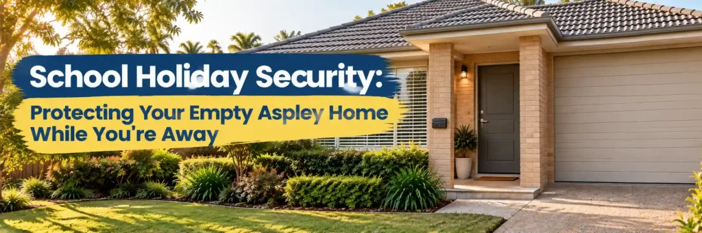 Secured empty Aspley brick home exterior with closed front door wall light and roller garage during school holiday absence